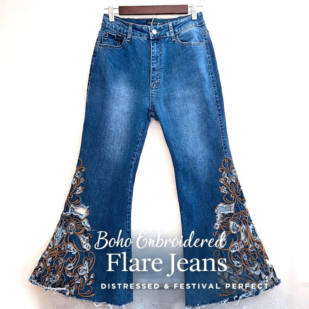 Purple Candy Boho Embroidered Flare Jeans | Distressed Festival Denim